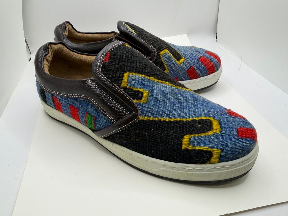 Artisan Handmade Kilim Woven Wool Slip On Sneakers Boho Southwestern Blue 37